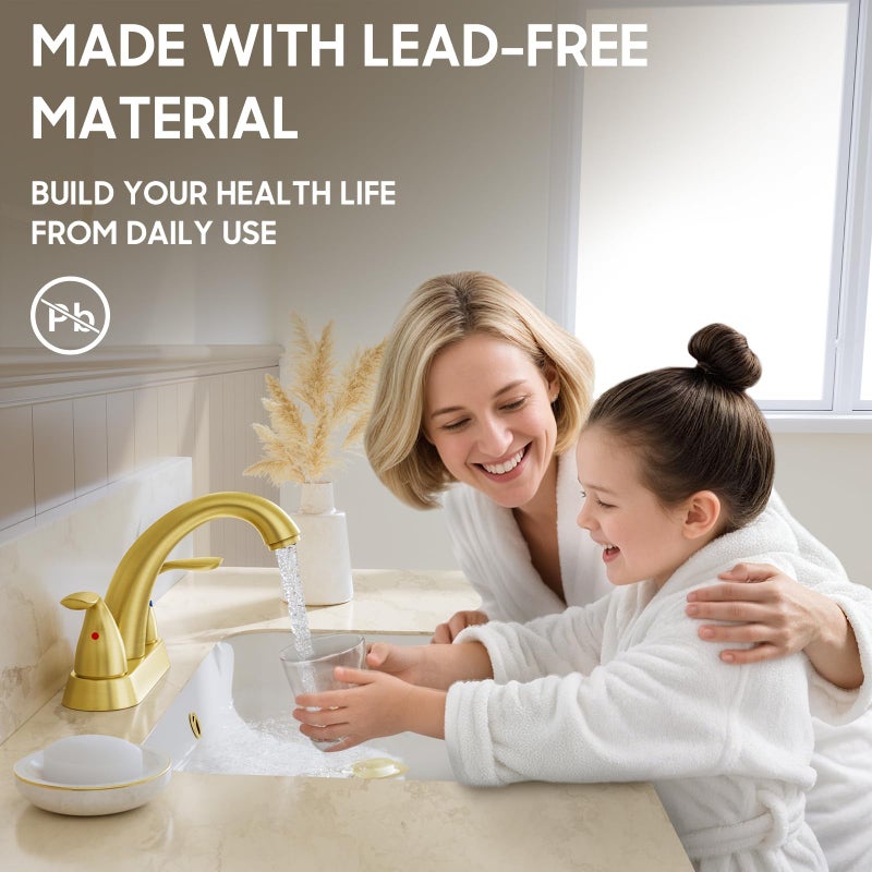 Phiestina Brushed Gold 4 Inch Centerset 2 or 3 Holes 2 Handle Bathroom Faucet, Bathroom Faucet with Copper Pop Up Drain and Water Supply Lines, BF008-5-BG - Image 4